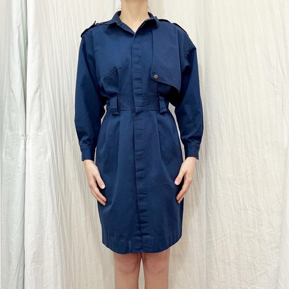 Navy‎ Blue Military Style Long Sleeve Dress Vintage 90s